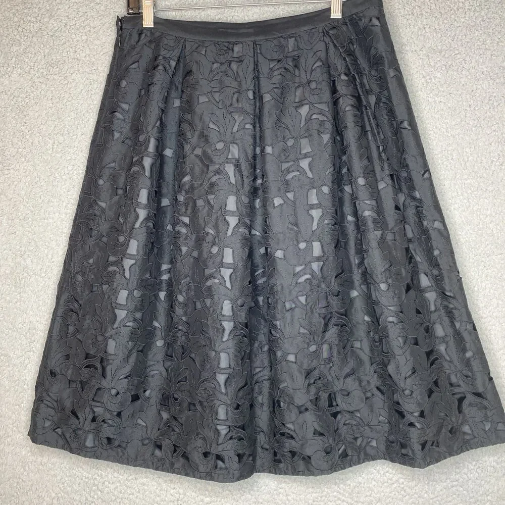 Talbots Silk Whymsy Fairy Midi Eyelet Overlay Lined Black Skirt A-line Size 14
